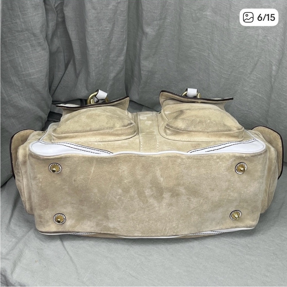 Vintage Coach Beige Suede and White Leather Handbag with Gold Accents - Picture 4 of 9